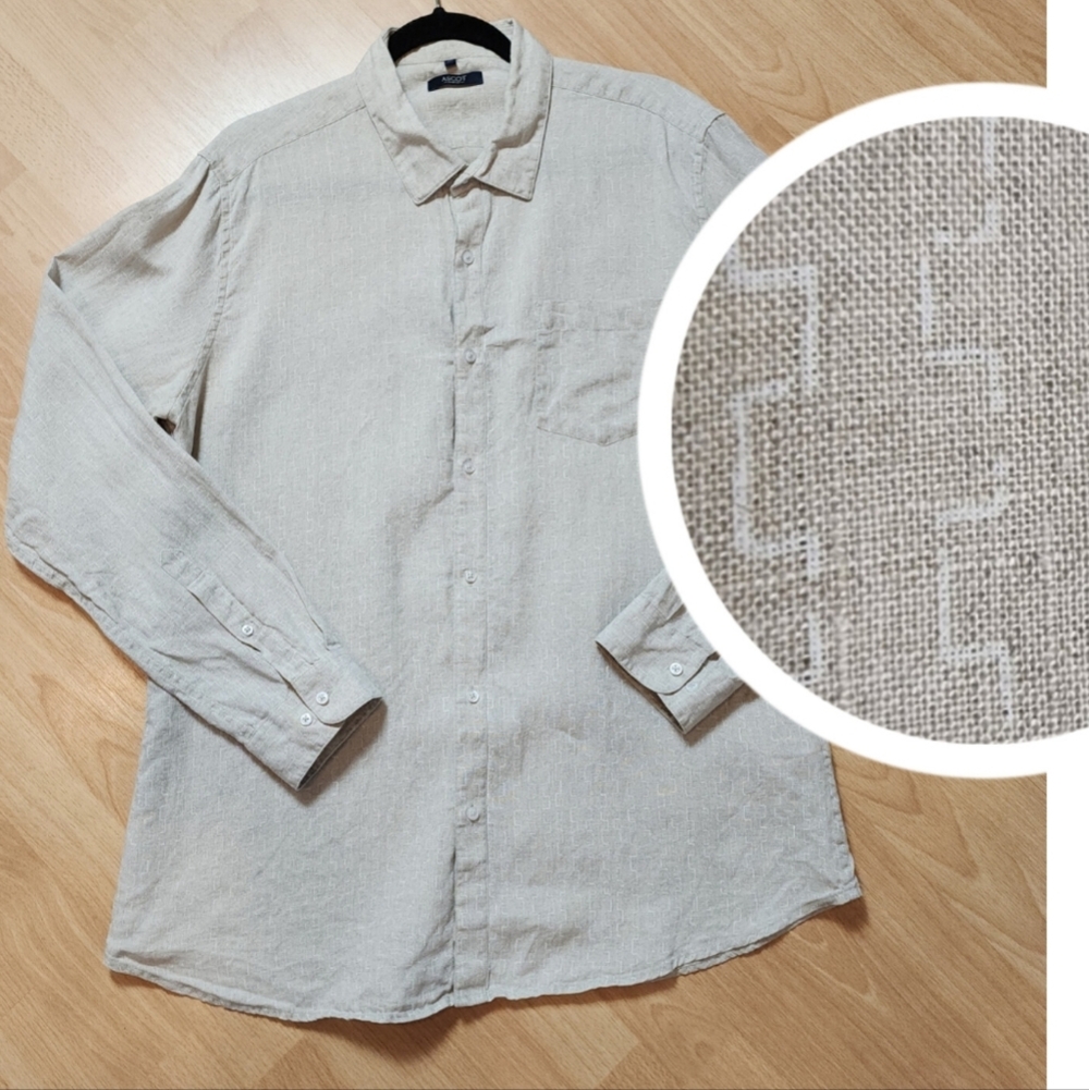 Ascot 100% Linen Beige Long Sleeve Button Down Shirt Men's Size XL Slim Fit